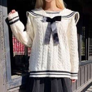 Sailor Sweater Cream/Black Bow Tie Back Flap Collar Pullover Shein L